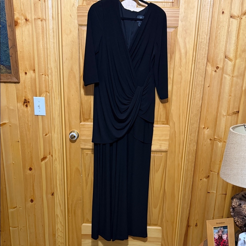 Adrianna Papell Black Wrap-Front Draped Cascade Wide-Leg Jumpsuit Romper Size 14 - Picture 3 of 15